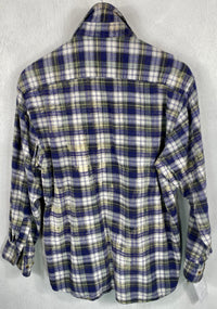 Vintage Navy Blue, White and Yellow Faded Flannel Size Medium