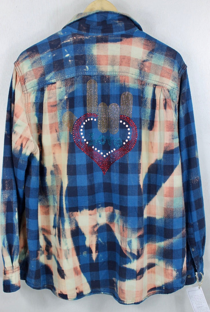 Vintage Blue, Peach, Cream and Black Flannel with Bling Size Medium