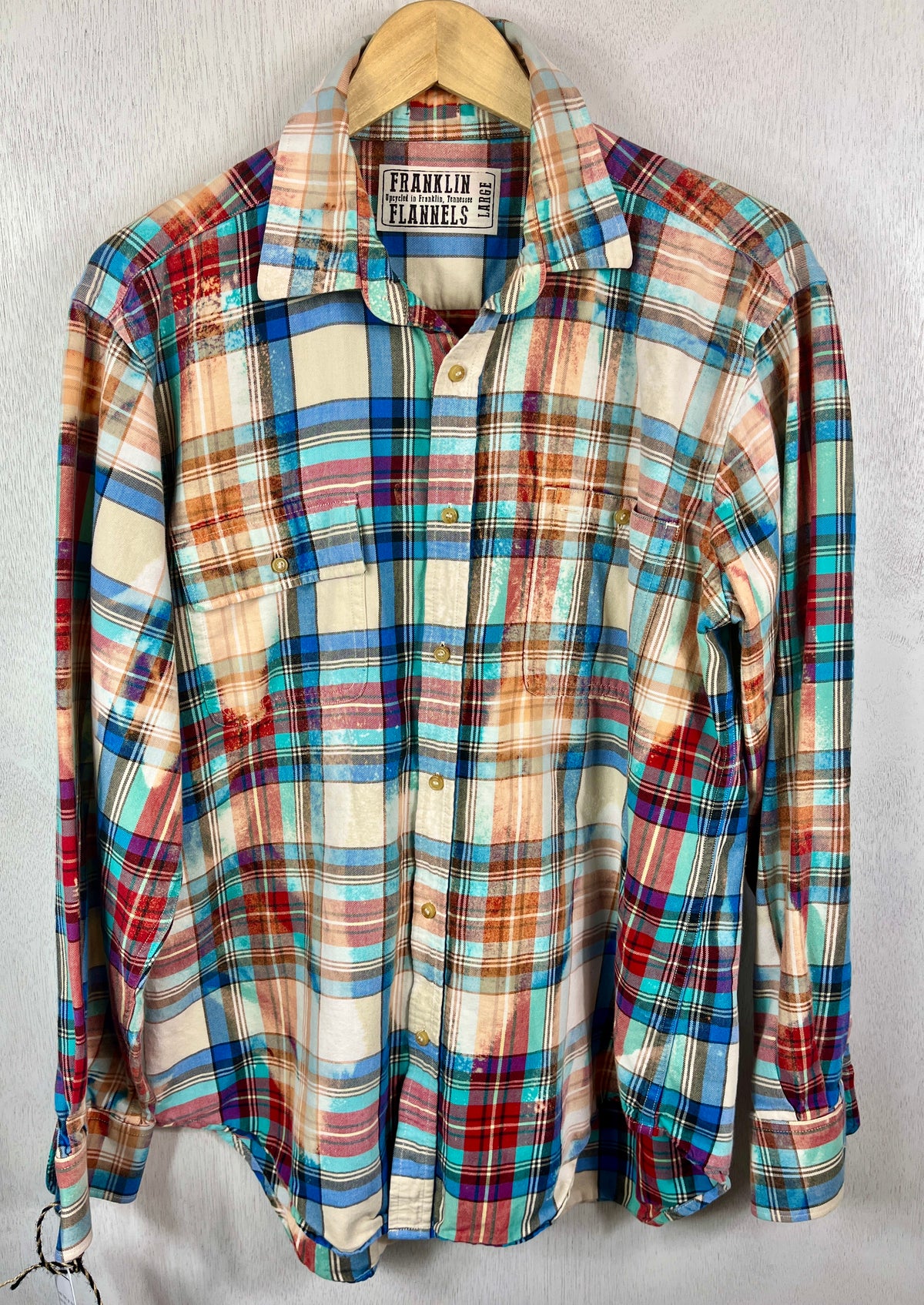 Vintage Turquoise, Red, White and Light Blue Flannel Size Large