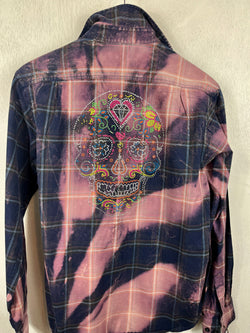 Fanciful Navy Blue and Dusty Rose Lightweight Flannel with Sugar Skull Size Medium
