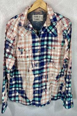 Vintage Western Style Seafoam Green, Navy Blue and Pink Flannel Size Medium