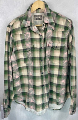 Vintage Western Style Green, Cream and Pink Flannel Size Small