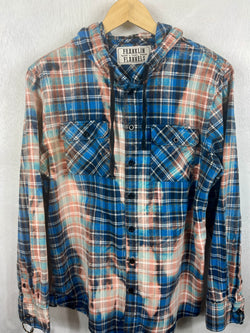 Vintage Turquoise, Light Blue, Peach and Black Flannel Hoodie Size Large