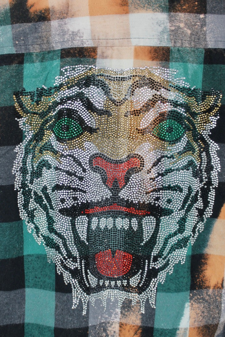 Vintage Black, Emerald Green and Gold Flannel with Bling Tiger Size Small