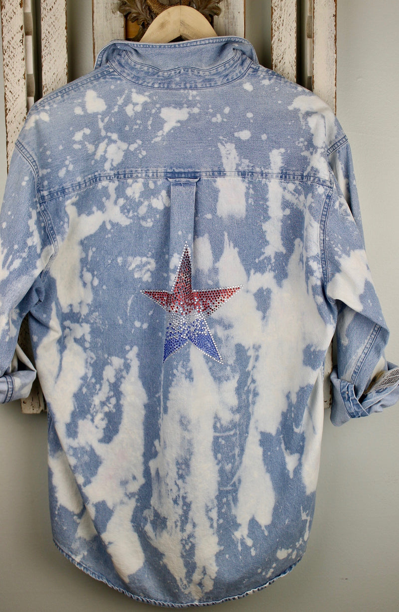 Fanciful Franklin  Washed Denim with Patriotic Star Size Large