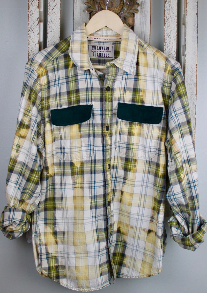 Vintage Pale Yellow, Green and White Flannel with Suede Size Medium