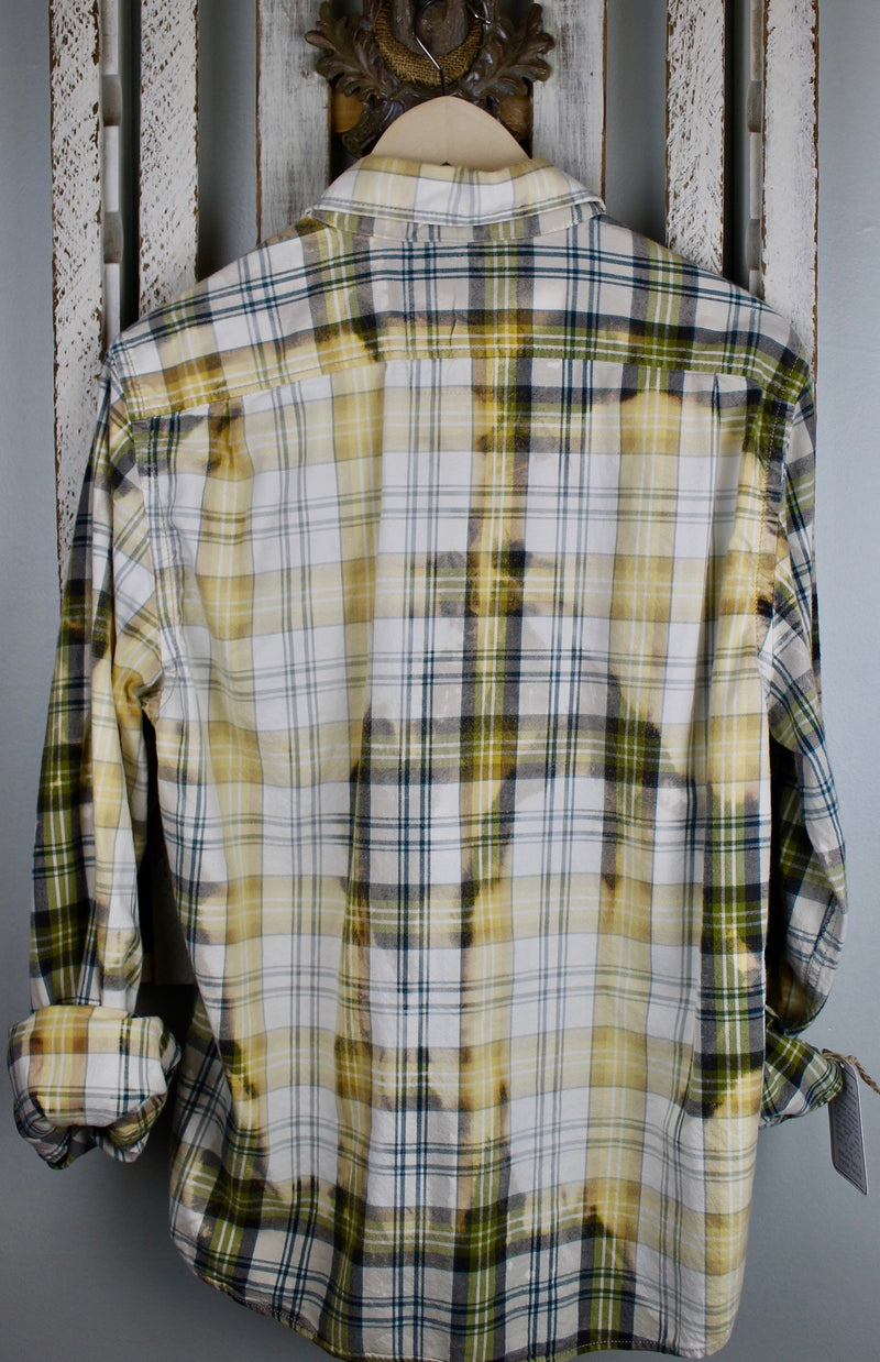 Vintage Pale Yellow, Green and White Flannel with Suede Size Medium