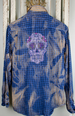 Fanciful Blue, Black and Rust Flannel with Sugar Skull Size Small