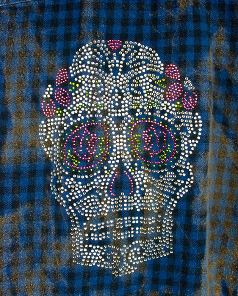 Fanciful Blue, Black and Rust Flannel with Sugar Skull Size Small