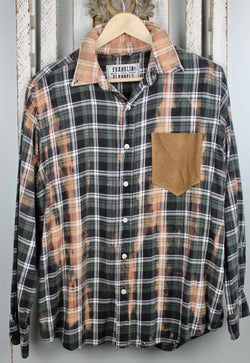 Army Green, Black and Caramel Flannel with Suede Pocket Size Small