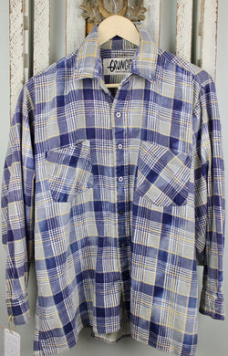 Grunge Retro Blue, Grey and Yellow Flannel Size Large