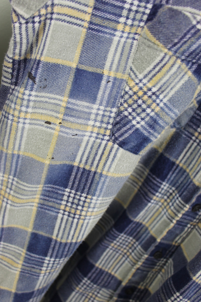 Grunge Retro Blue, Grey and Yellow Flannel Size Large