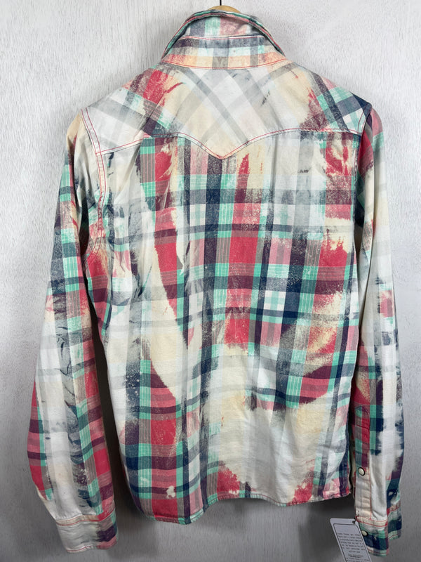 Vintage Western Style Turquoise Pink and Blue Flannel Size Small