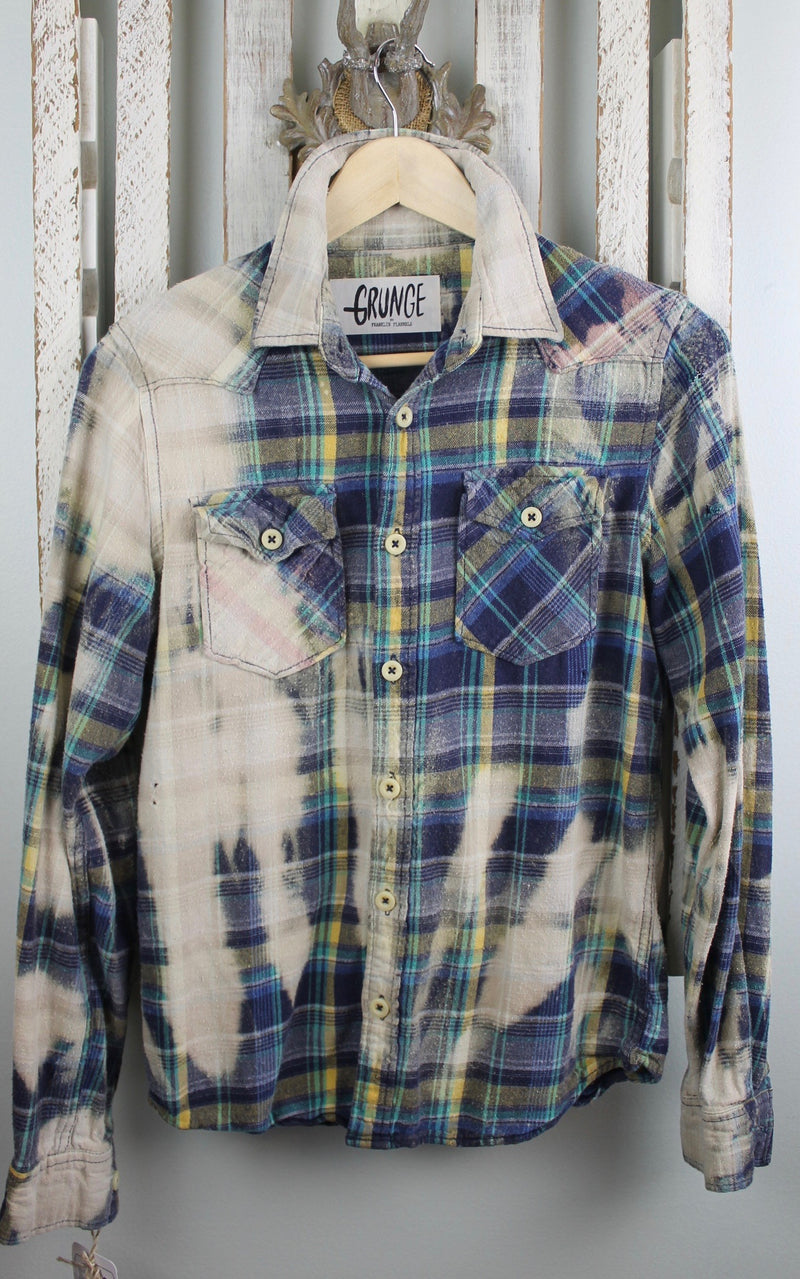 Grunge Royal Blue, Grey and Pale Yellow Flannel Size Small