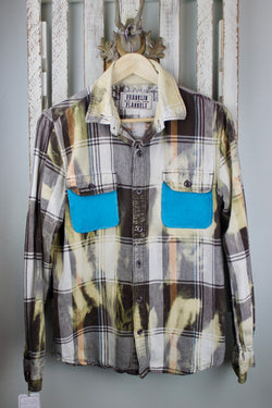 Vintage Brown, Pale Yellow, Cream and Turquoise Flannel with Suede Size Small