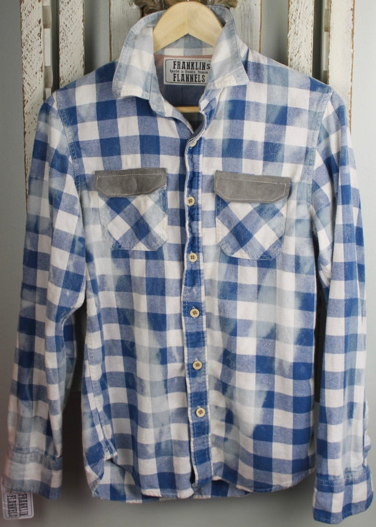 Vintage Blue and White Flannel with Grey Suede Size Small