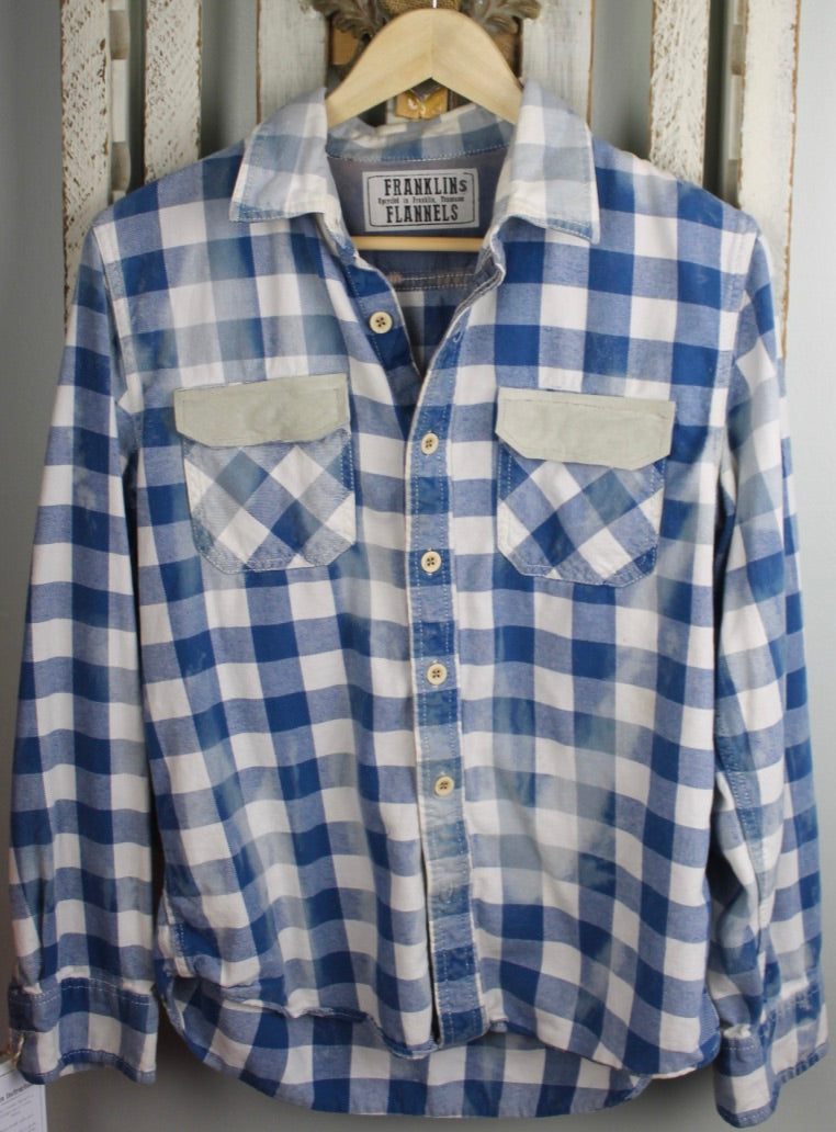 Vintage Blue and White Flannel with Dove Grey Suede Size Small